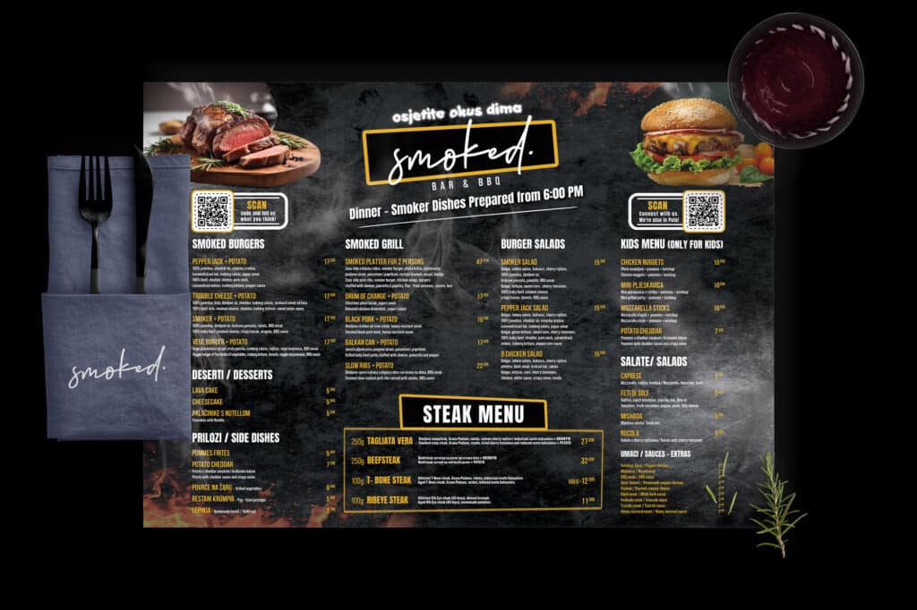 Dizajn jelovnika i tisak za restoran Smoked